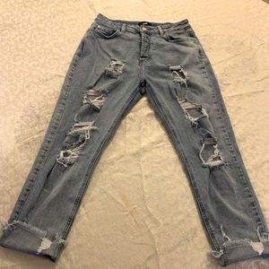 I&M black label faded distressed high rise ankle jeans with frayed hem